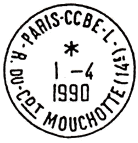 Timbre à date avec mention : PARIS - CCBE - L / - RUE CDT MOUCHOTTE (14E) -