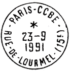 Timbre à date avec mention : PARIS - CCBE / RUE DE LOURMEL (15E) -