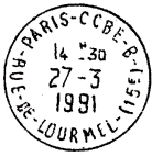 Timbre  date avec mention : PARIS - CCBE - B / - RUE DE LOURMEL (15E) - / 