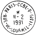 Timbre à date avec mention : PARIS - CCBE - P / - RUE DE LOURMEL (15E) - / 