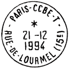 Timbre à date avec mention : PARIS - CCBE - T / - RUE DE LOURMEL (15E) -