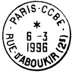 Timbre à date avec mention : PARIS - CCBE / - RUE D'ABOUKIR (2E) - / 