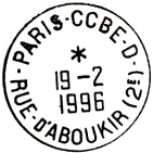 Timbre à date avec mention : PARIS - CCBE - D / - RUE D'ABOUKIR (2E) - / 