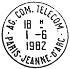 Timbre  date avec mention : AG.COM.TELECOM. / - PARIS - JEANNE - D'ARC -