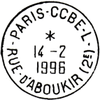 Timbre  date avec mention : PARIS - CCBE - L / - RUE D'ABOUKIR (2E) -