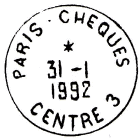 Timbre  date avec mention : PARIS-CHEQUES / CENTRE 3 / 