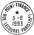 Timbre  date avec mention : POINT-FINANCE / - RUE-LECOURBE-PARIS (15E) / 