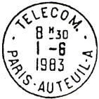 Timbre  date avec mention : TELECOM. / - PARIS-AUTEUIL-A - / 