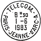 Timbre  date avec mention : TELECOM. / - PARIS-JEANNE-D'ARC-A -