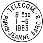 Timbre  date avec mention : TELECOM. / - PARIS-JEANNE-D'ARC-B -