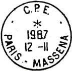 Timbre  date avec mention : C.P.E / - PARIS-MASSENA - / 
