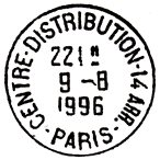 Timbre  date avec mention : CENTRE-DISTRIBUTION-14 ARR. / - PARIS -