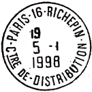 Timbre à date avec mention : PARIS-16-RICHEPIN / - CTRE DE-DISTRIBUTION -