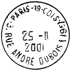Timbre à date avec mention : PARIS-19-CDIS / - 3,RUE ANDRE DUBOIS (19E) - / 