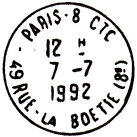 Timbre  date avec mention : PARIS-8 CTC / - 49 RUE-LA BOETIE (8E) -