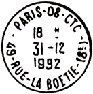 Timbre  date avec mention : PARIS-08 CTC / - 49 RUE-LA BOETIE (8E) -