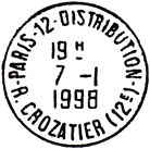 Timbre  date avec mention : PARIS-12-DISTRIBUTION / - R. CROZATIER (12E) -