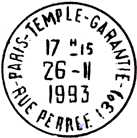 Timbre  date avec mention : PARIS-TEMPLE-GARANTIE / - RUE PERREE (3E) -