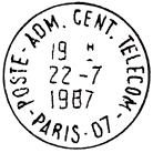 Timbre  date avec mention : POSTE-ADM. CENT. TELECOM - / PARIS-07 - / 