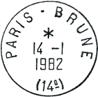 Timbre  date au type A9 avec mention : PARIS - BRUNE (14e)