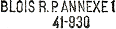 Marque postale linaire indicatif du bureau avec nom de ville, lettres RP (Recette Principale), mention ANNEXE, numro de l'annexe et numro (2 premiers chiffres