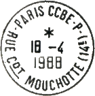 Timbre à date avec mention : PARIS - CCBE - P / - RUE CDT MOUCHOTTE (14E) - / 