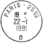 Timbre  date au type A9 avec mention : "PARIS - 25 BIS" / "-" + lettre "-" / 