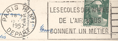 Oblitrations mcaniques avec timbre  date mention "PARIS TRI N 1 / DEPART" et  texte dans un rectangle avec lignes acolees