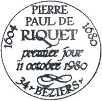 Timbre  date avec mention "1604 1680 PIERRE PAUL DE RIQUET premier jour 11 octobre 1980 BEZIERS"