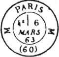 Timbres à date des bureaux de quartier avec mention PARIS, sur les cotés lettre du bureau sans parenthèses et 60 avec parenthèses / 
