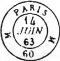 Timbres  date des bureaux de quartier avec mention PARIS, sur les cots lettre du bureau sans parenthses et 60