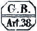 Marque rectangulaire avec lettre GB et mention : ART. 38.