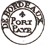 Marque de port pay de Bordeaux avec mention DE BORDEAUX PORT PAYE et fleur de Lys