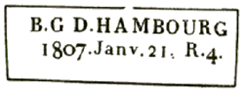 Marque encadre avec lettres BGD, ville, date, lettre R et numro