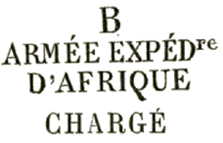 Marque linéaire avec lettre (A à F) et mention : ARMEE EXPEDre D AFRIQUE CHARGE