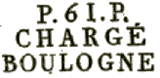 Marque linaire avec numro de dpartement entre lettres P, mention  CHARGE et nom de ville / 