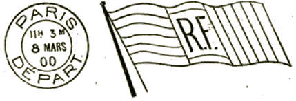 Oblitération mécanique drapeau RF et timbre à date avec mention DEPART