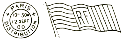 Oblitération mécanique drapeau RF et timbre à date avec mention DISTRIBUTION