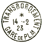 Timbre  date au type 04 avec mention : TRANSBORDEMENT GARE PLM / 