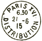 Timbre à date au type 04 avec mention PARIS, numéro romain et mention : DISTRIBUTION