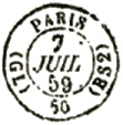 Timbre à date au type 15 avec mention PARIS, initiales de la gare de départ et lettres du bureau