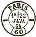 Timbre à date au type 17 avec mention PARIS,  deux chiffres sur les cotés et 60 (département)