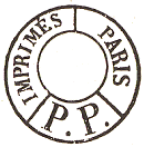 Timbre circulaire mention IMPRIMES PARIS PP et centre vide