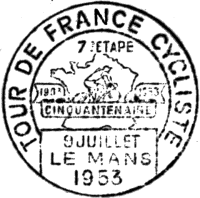 Timbre  date avec mention "TOUR DE FRANCE CYCLISME / 9 JUILLET LE MANS 1953" / 