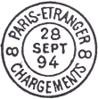 Timbre à date au type 15 avec mention : PARIS ETRANGER CHARGEMENT