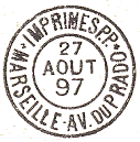 Timbre  date circulaire avec mention IMPRIMES PP, nom de ville et adresse bureau