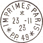 Timbre à date circulaire avec mention IMPRIMES PP, numéro et nom de ville