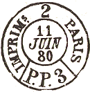 Timbre  date circulaire mention IMPRIMES, numro, mention PARIS PP et avec chiffre dans le haut