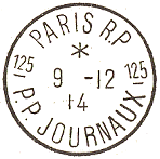 Timbre  date au type 04 avec mention PARIS RP PP JOURNAUX avec numros ordre sur les cots