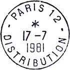 Timbre  date au type A9 avec mention : PARIS + numro de quartier / DISTRIBUTION / 